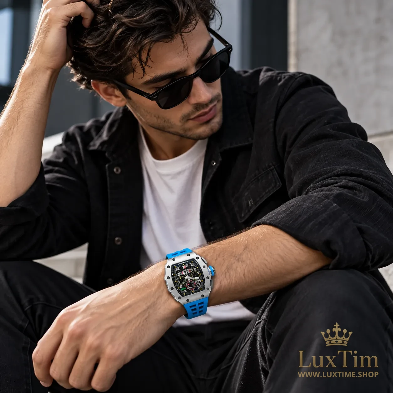 Richard Mille RM 011 Montre Automatique 44 × 49 mm RM011 Cadran Squelette Bracelet Caoutchouc Bleu