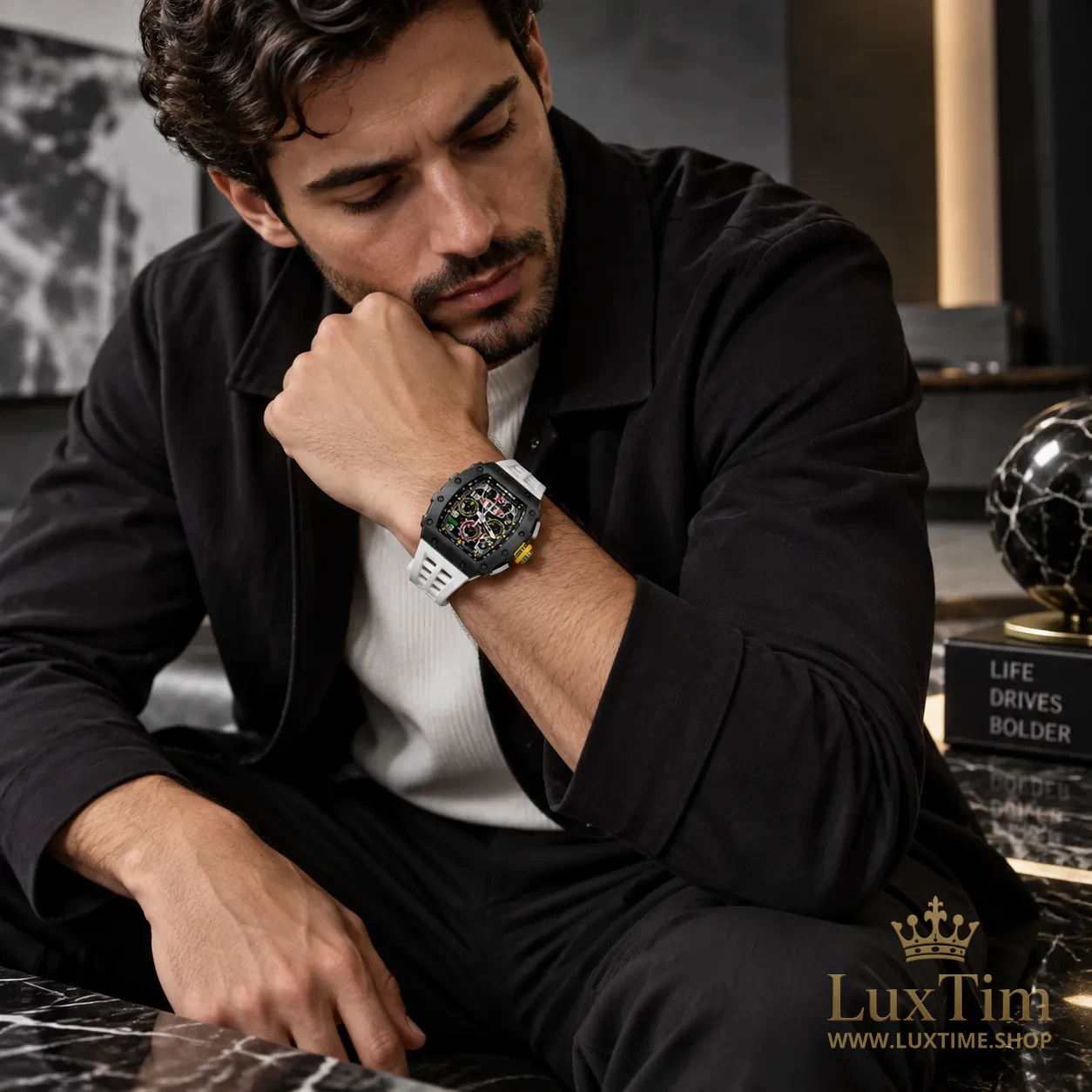 Richard Mille RM 011 Montre Automatique 44 × 49 mm RM011 Cadran Squelette Bracelet Caoutchouc Blanc