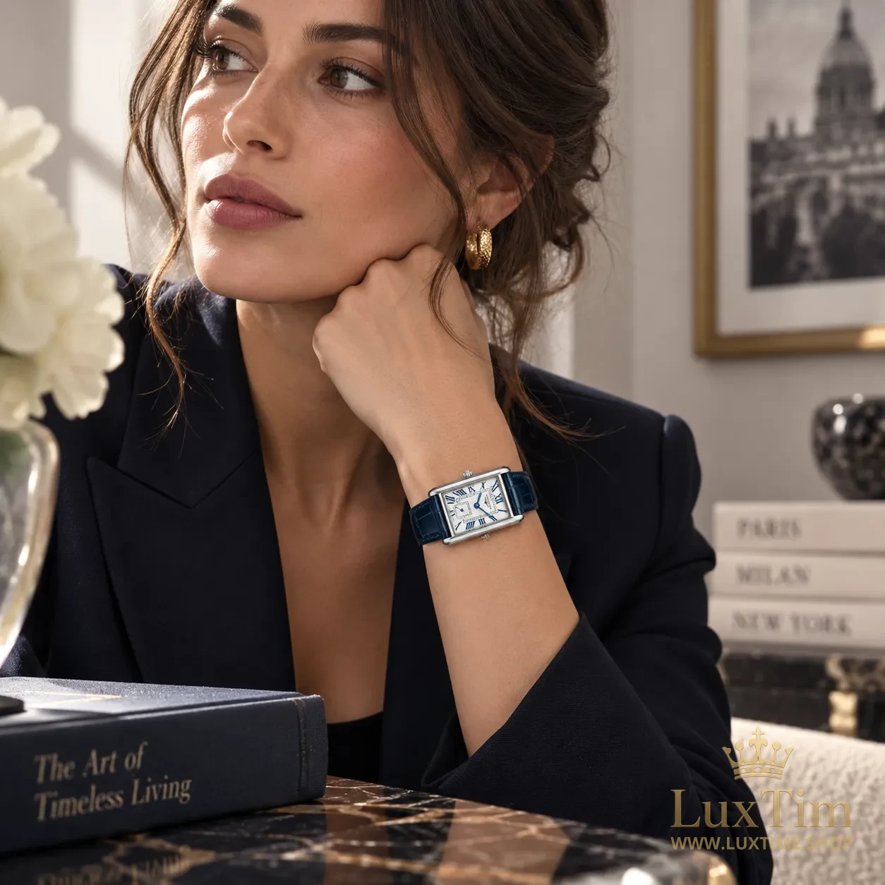 Longines DolceVita Montre Cadran Argenté Bracelet Cuir Bleu Marine Petite seconde