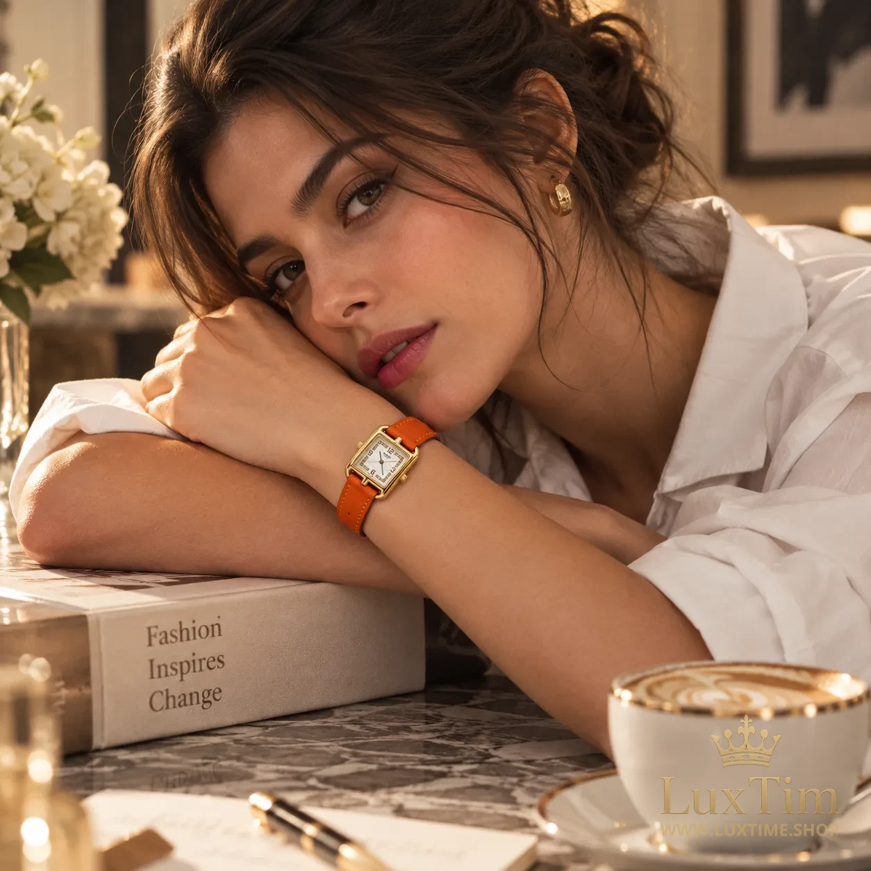 Hermès Cape Cod Montre Cadran Blanc Bracelet Cuir Orange