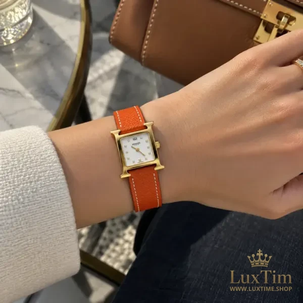 Hermès Heure H Montre Cadran Nacré Bracelet Cuir Orange – vue 2