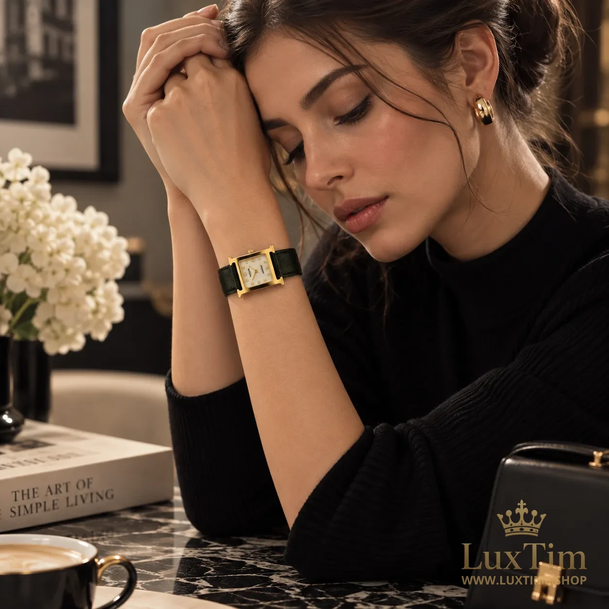 Hermès Heure H Montre Cadran Nacré Bracelet Cuir Noir
