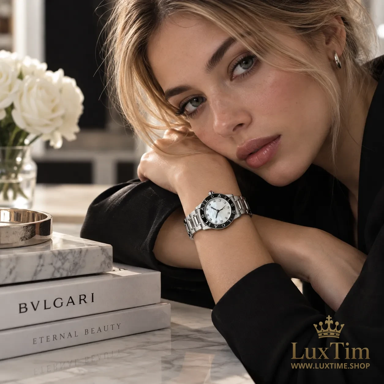 Bvlgari Bvlgari Montre Cadran Nacré Acier Lunette Noire Lunette Sertie