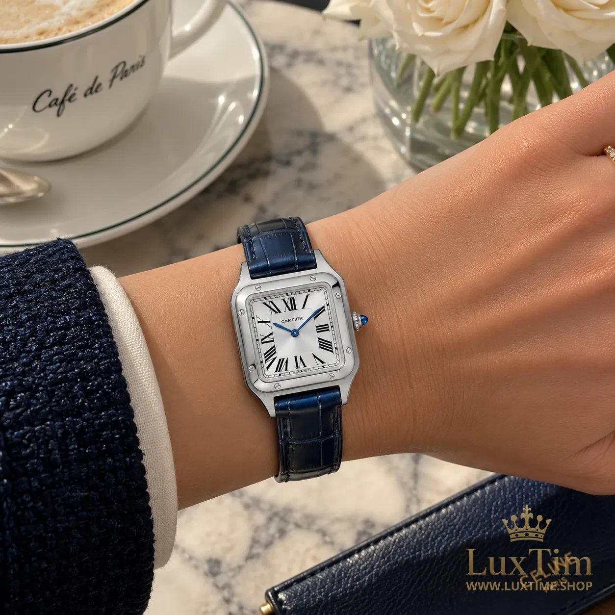 Cartier Santos Montre Cadran Argenté Bracelet Cuir Bleu