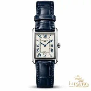 Longines DolceVita Montre Cadran Argenté Bracelet Cuir Bleu Marine Acier