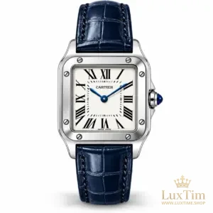 Cartier Santos Montre Cadran Argenté Bracelet Cuir Bleu