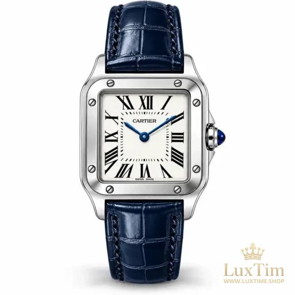 Cartier Santos Montre Cadran Argenté Bracelet Cuir Bleu